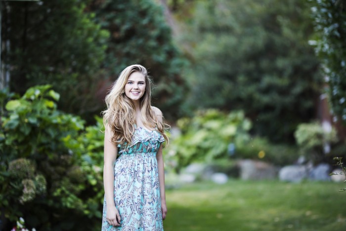 Teal dress with bright green outdoors